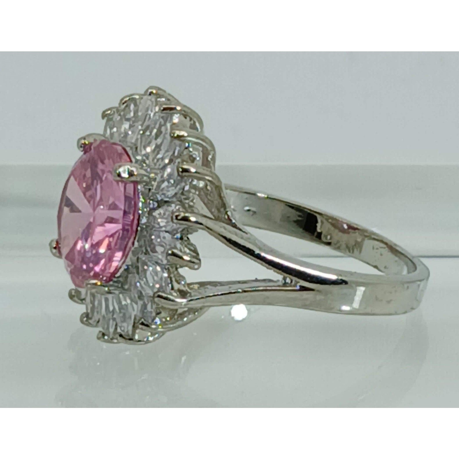 Vintage Ring Size 7.5 Silver Tone White Gold GP Pink CZ Cluster Cocktail NOS - HoneyThomas.com