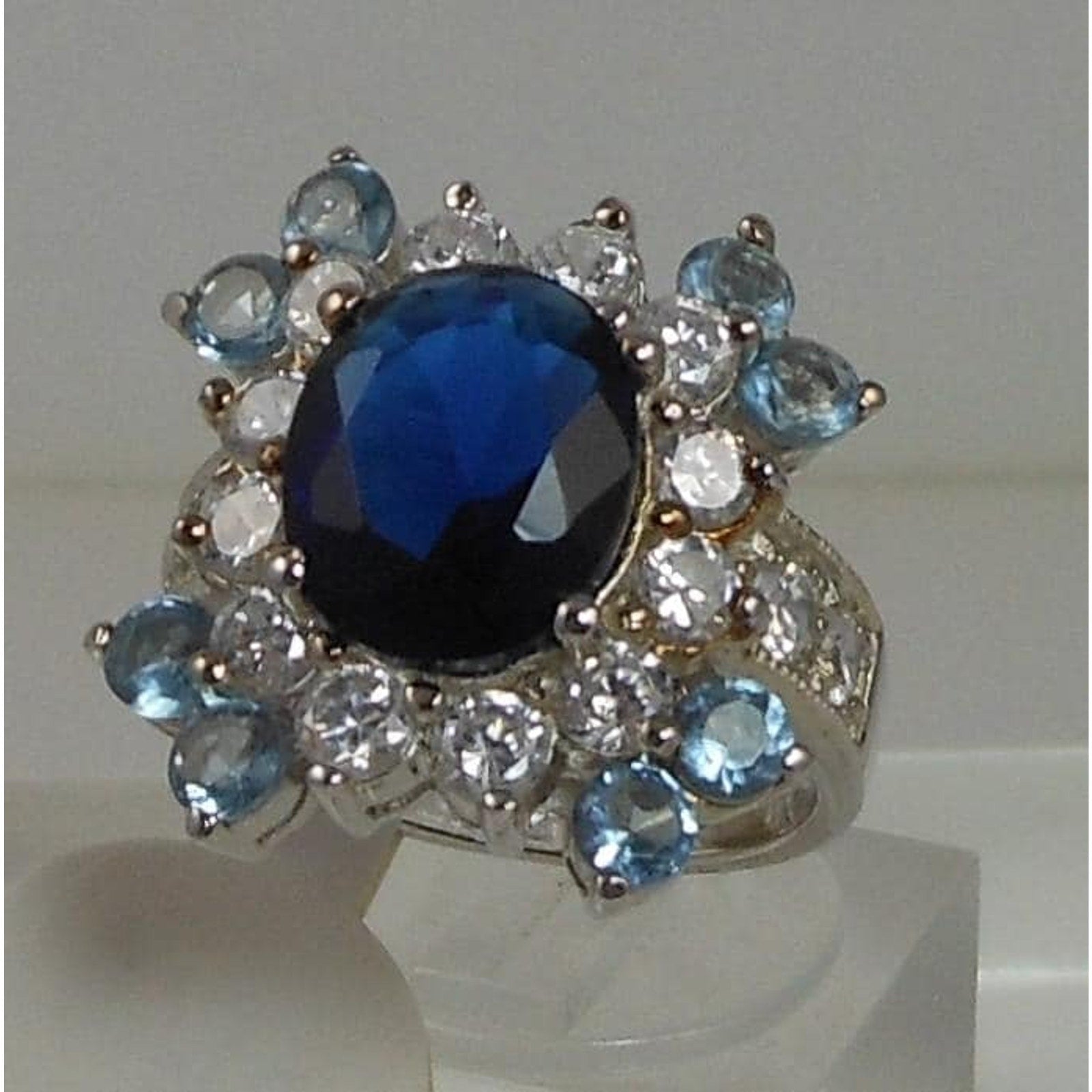 Sterling Silver Cocktail Ring Simulated Diamond Sapphire Topaz CZ Vintage Size 6 - HoneyThomas.com