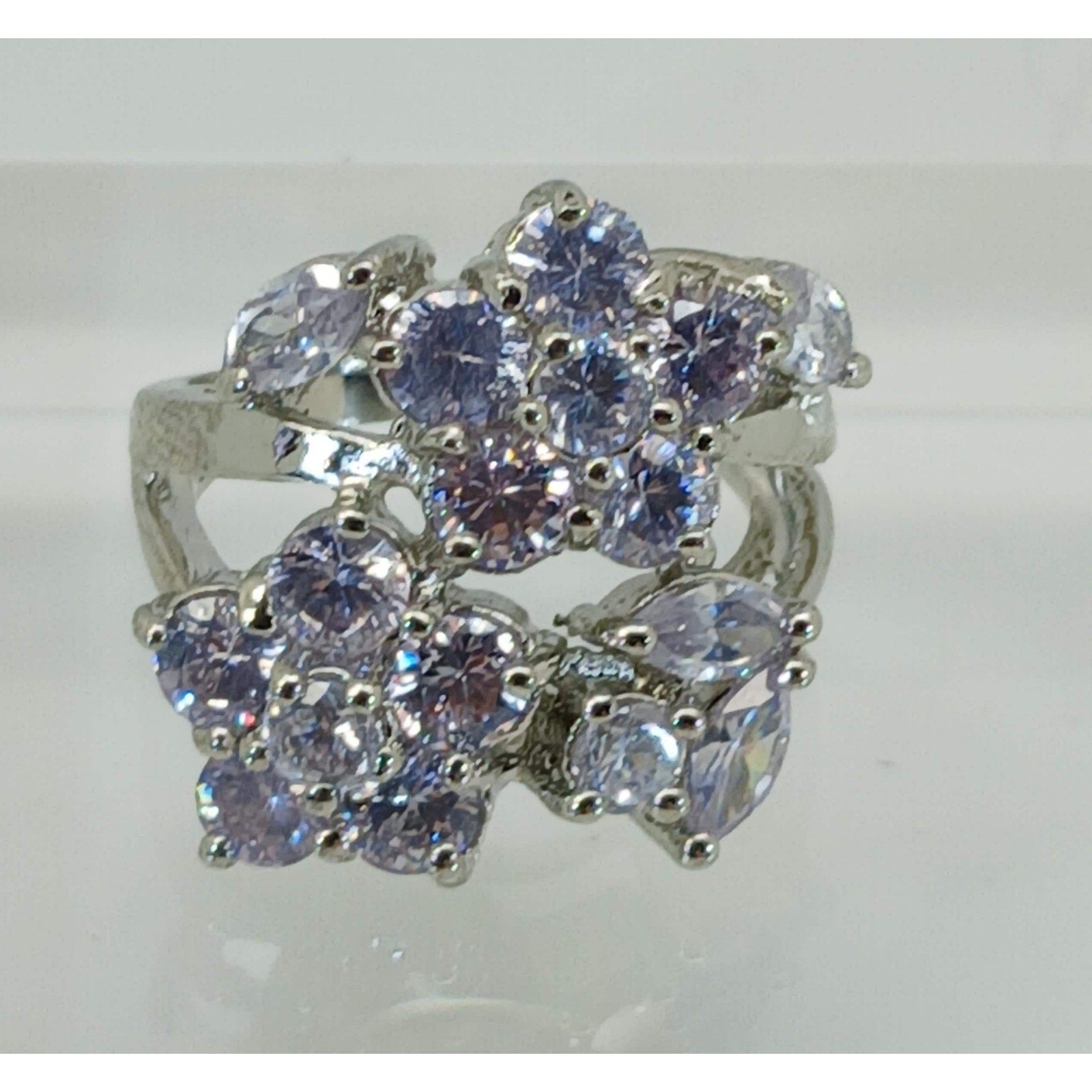 Vintage Ring Size 7 Silver Tone White Gold GP Brilliant Sim Diamond CZ Cocktail - HoneyThomas.com