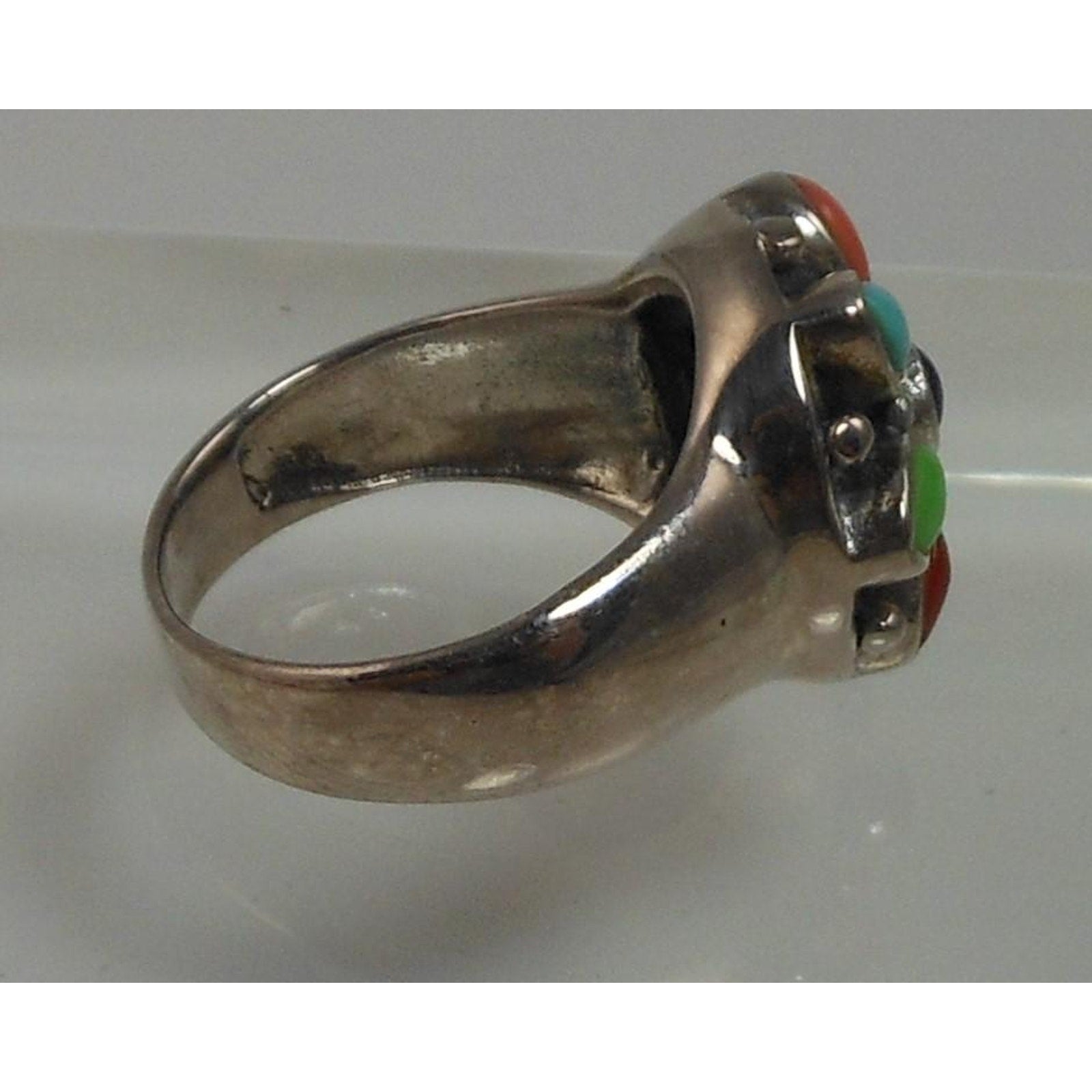 Vintage Designer Sterling Silver Turquoise Coral Garnet Ring - Size 7.75 - HoneyThomas.com