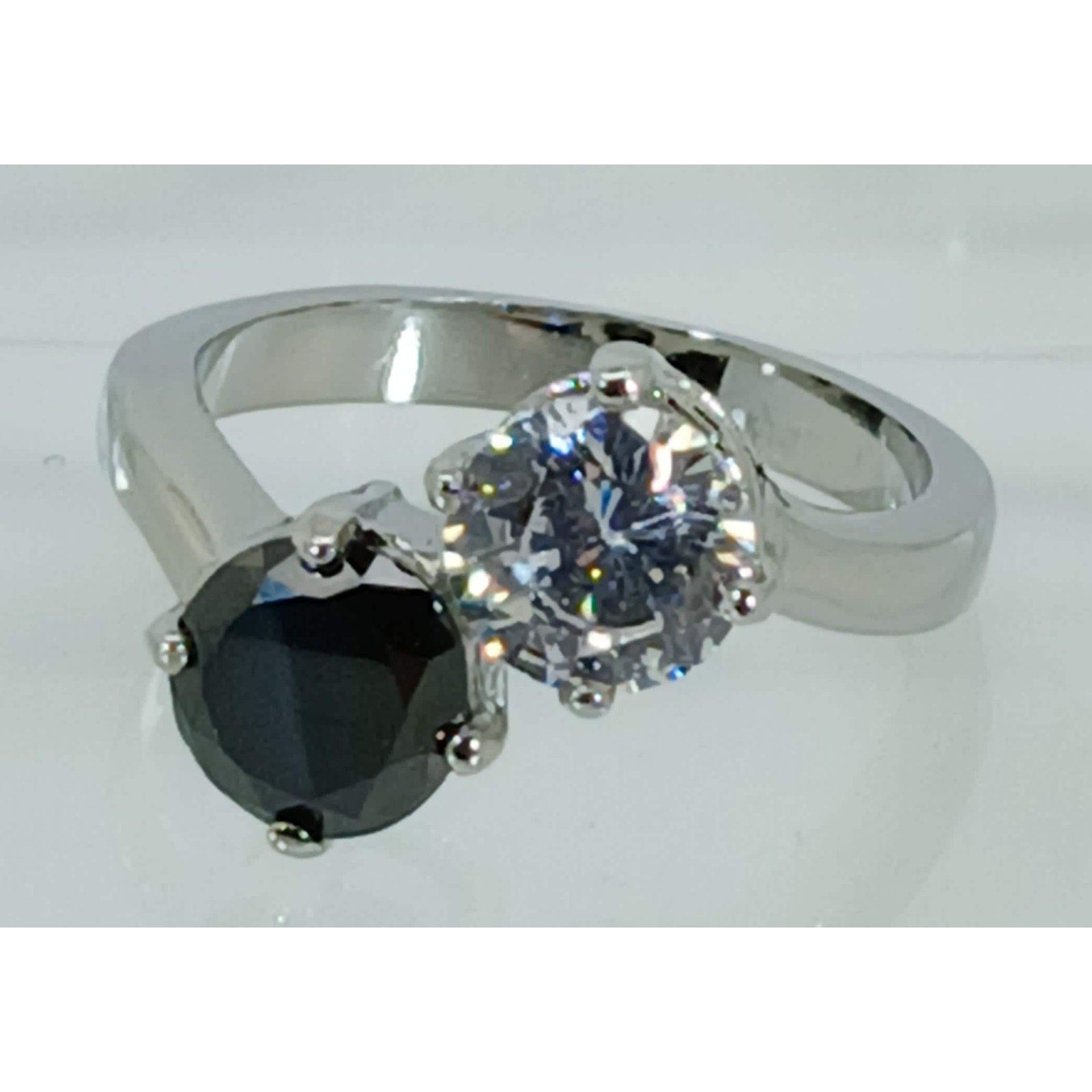 Vintage Ring Size 7 Black Sim Diamond CZ Silver Tone White Gold GP Engagement - HoneyThomas.com