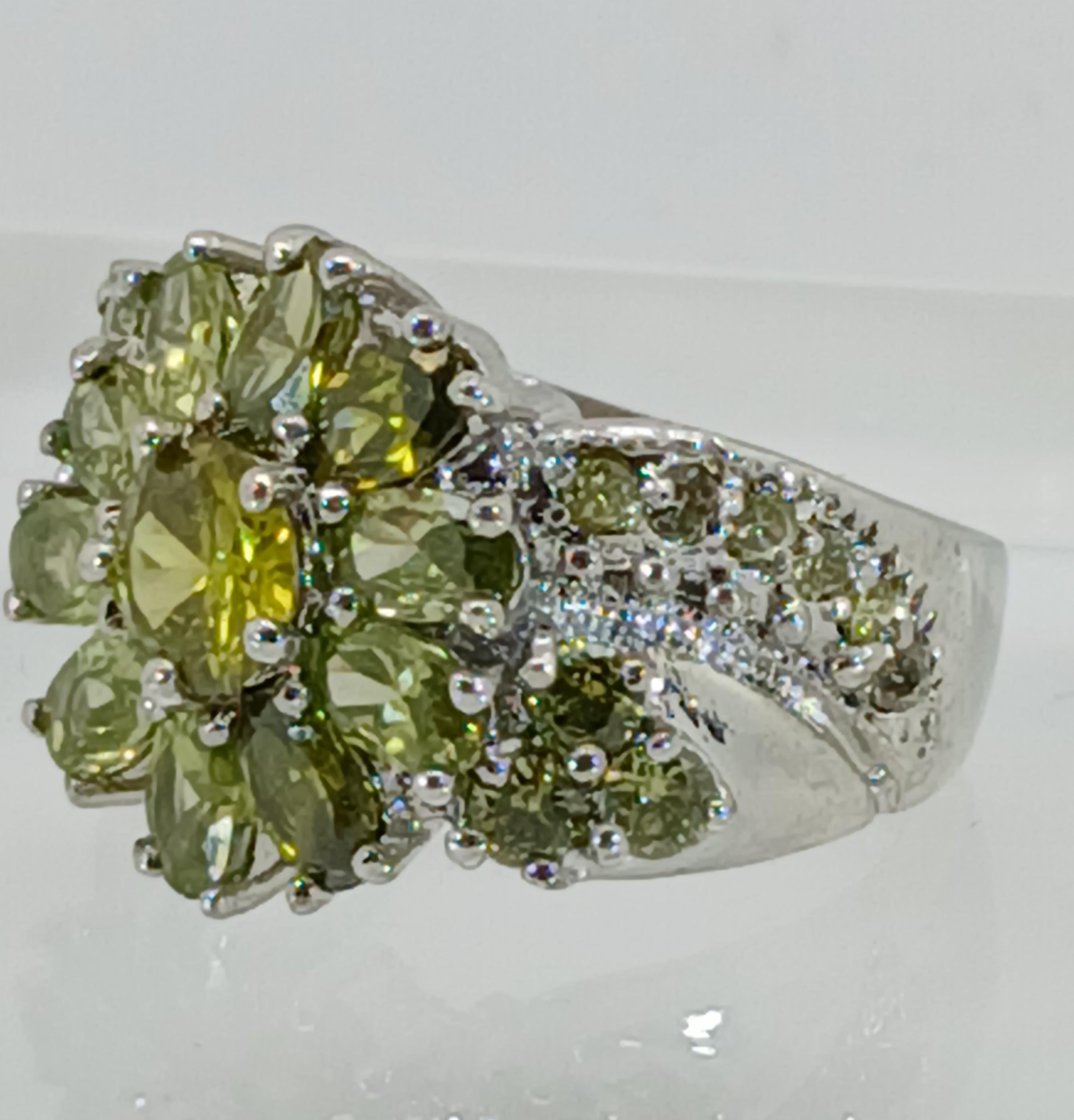 Vintage Ring Size 5.25 Silver Tone White Gold GP Lemon Olivine CZ Floral Cluster