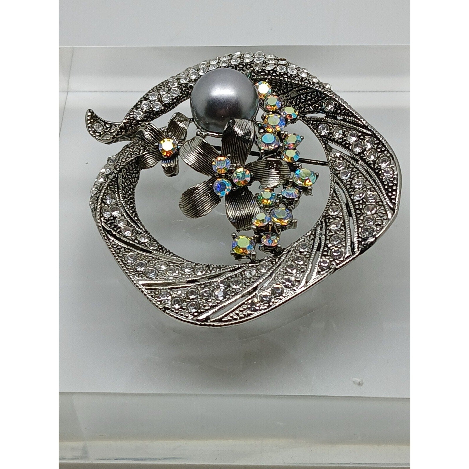 Gorgeous Vintage 90's Antique Style Grey Pearl Rhinestone Crystal AB Brooch - HoneyThomas.com
