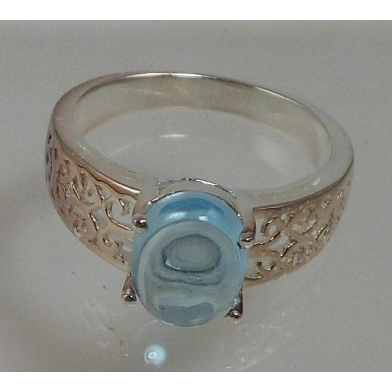Elegant Sterling Silver Filigree Ring with Blue Topaz Gemstone - Vintage Size 7 - HoneyThomas.com