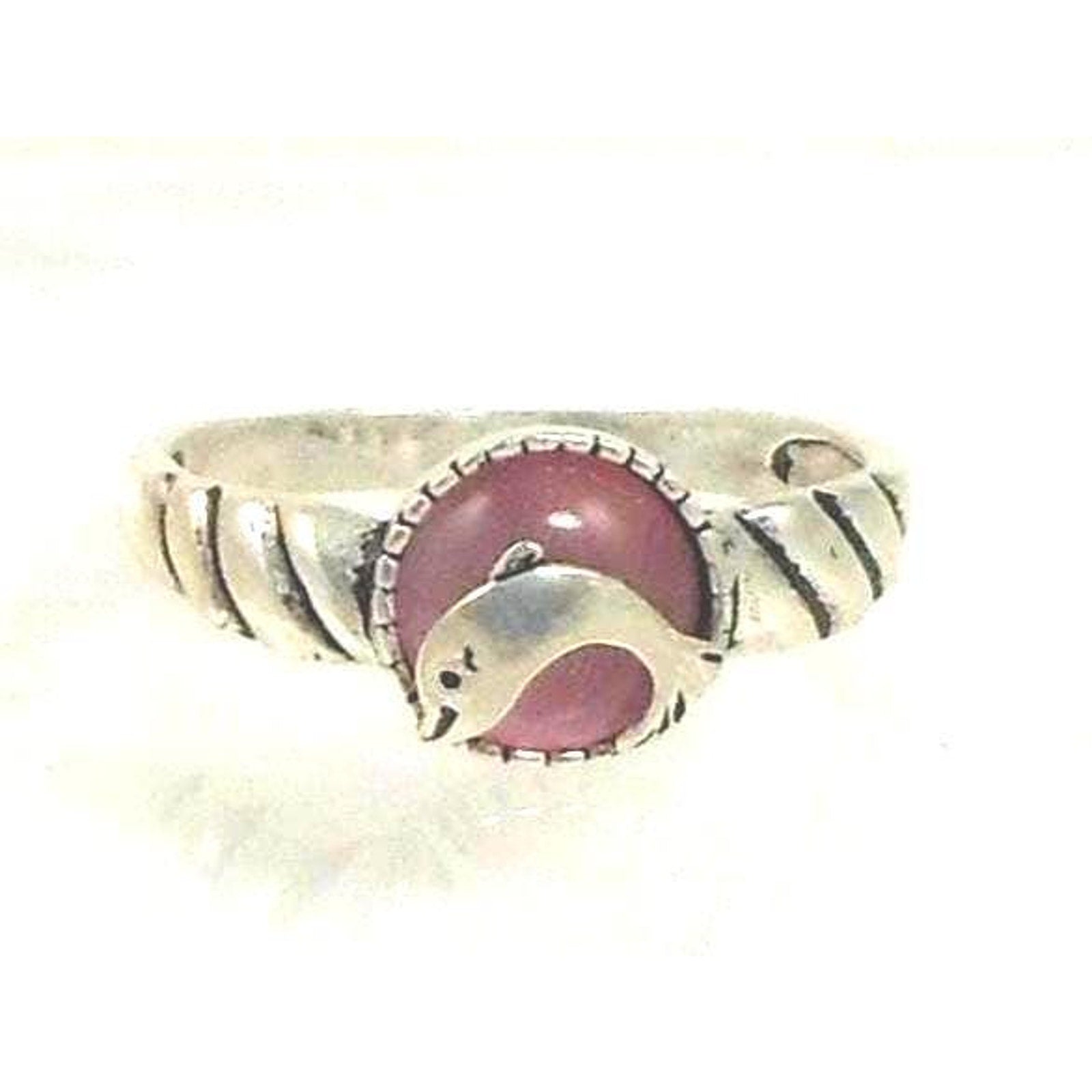 925 Sterling Silver Pink Cat's Eye Dolphin Ring NOS Size 9 Vintage Chrysoberyl