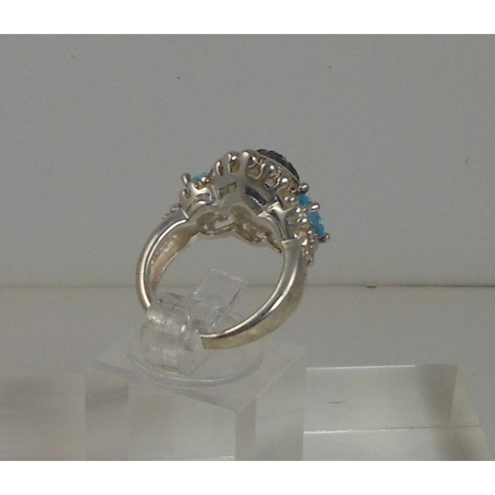 Handcrafted Vintage Blue Topaz Sterling Silver Ring Carved Chalcedony Size 4.5