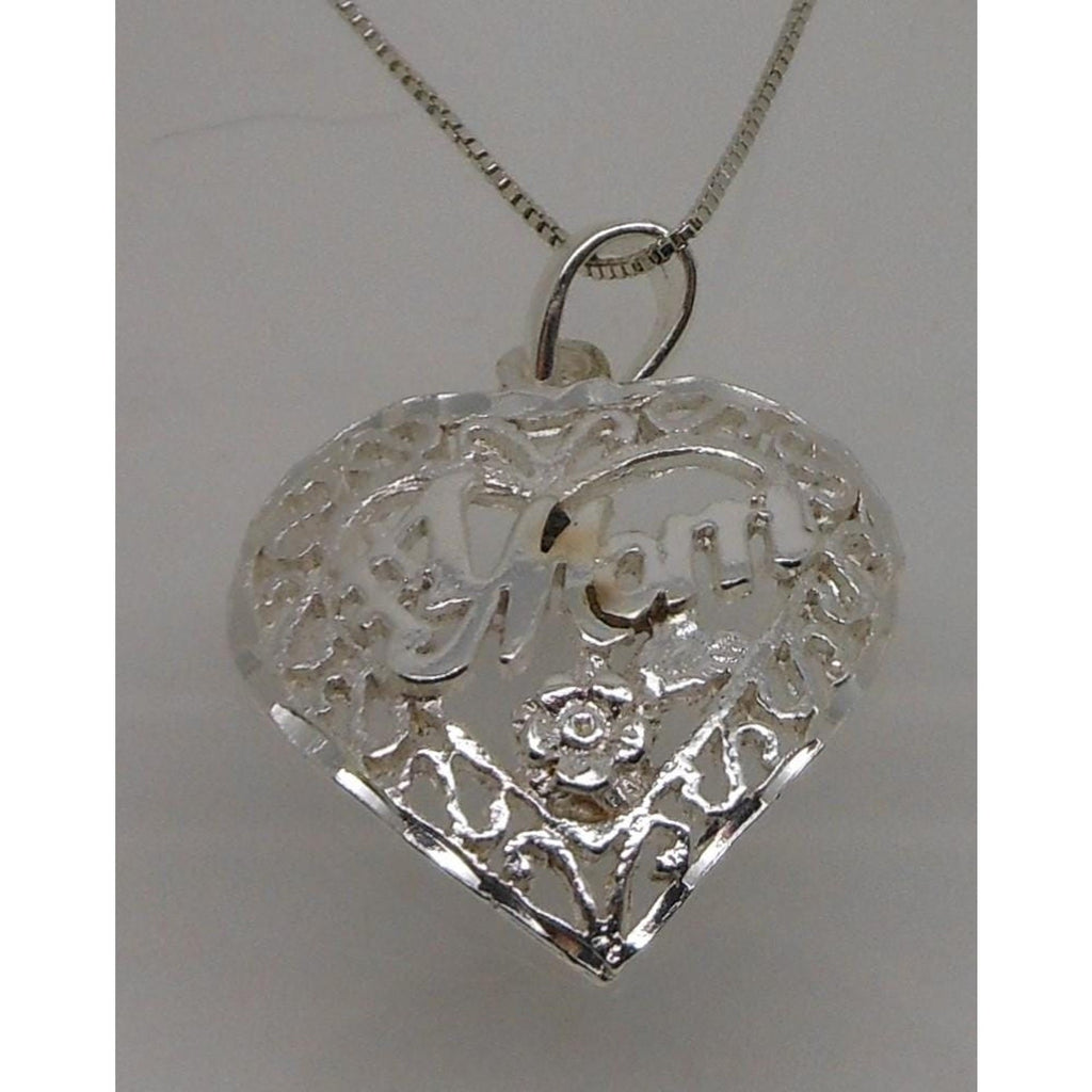 Vintage 1990s Sterling Silver Mom Heart Pendant Necklace 18 Box Chain - HoneyThomas.com