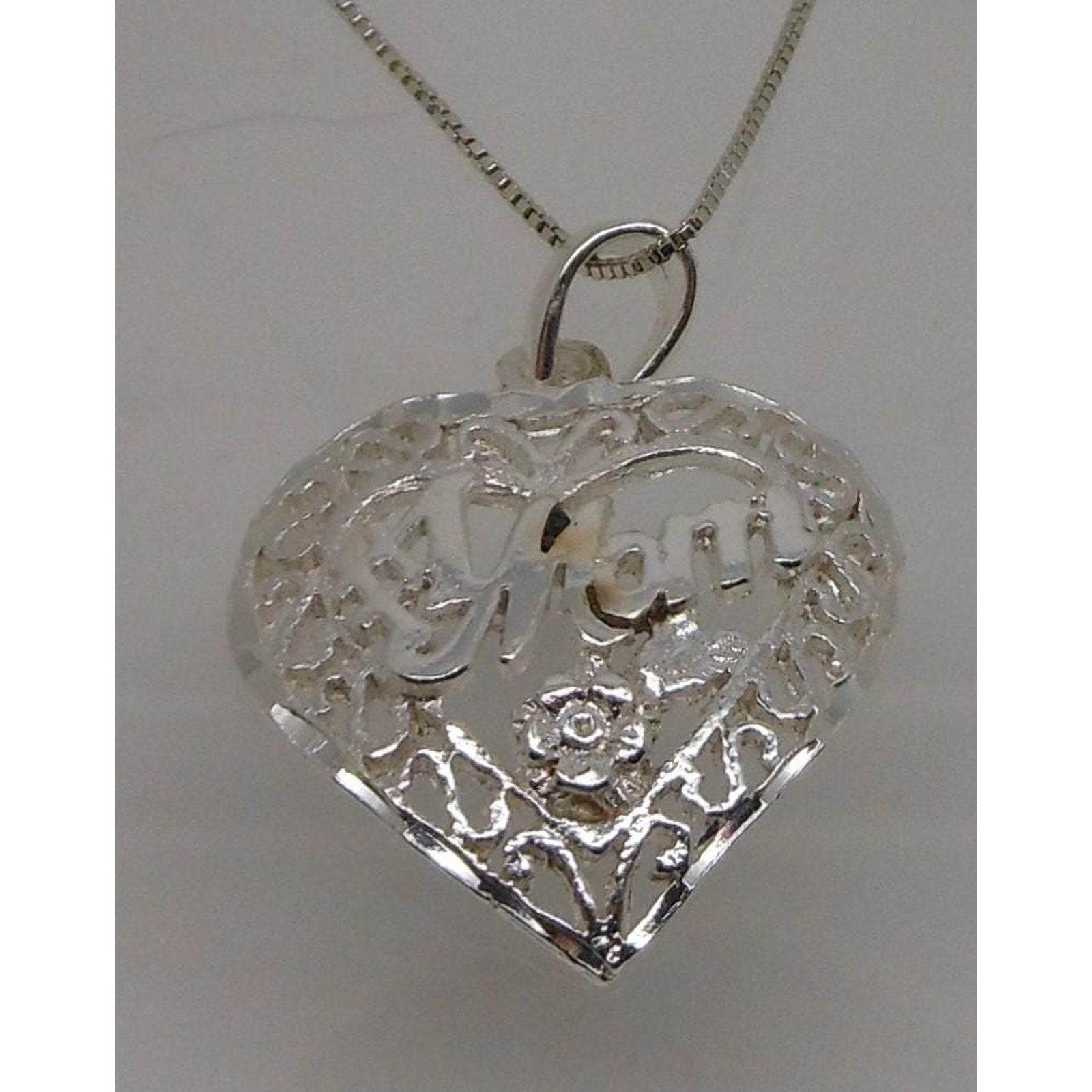 Vintage 1990s Sterling Silver Mom Heart Pendant Necklace 18 Box Chain - HoneyThomas.com
