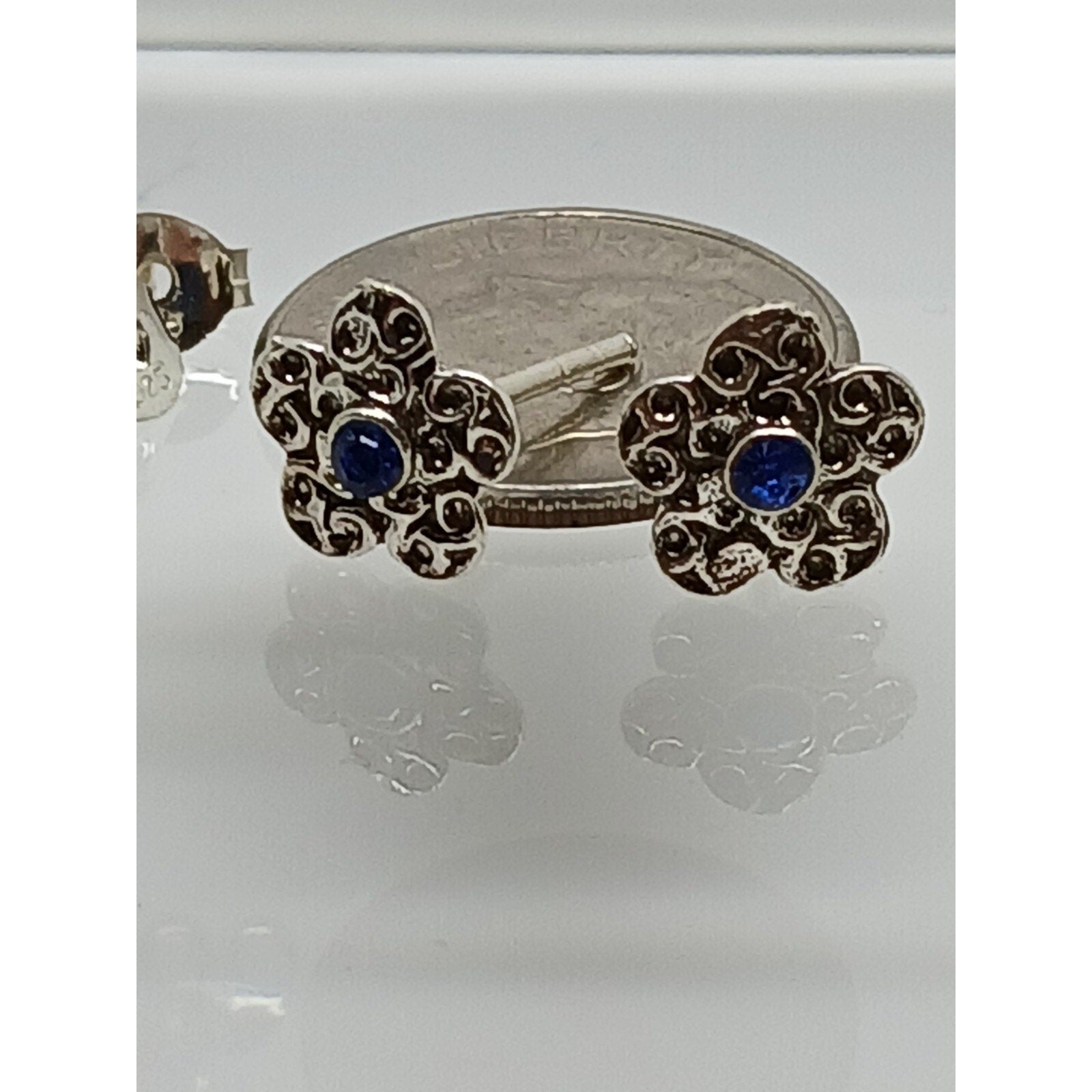 Vintage Estate Jewelry NOS .925 Sterling Silver Blue Crystal Flower Earrings - HoneyThomas.com