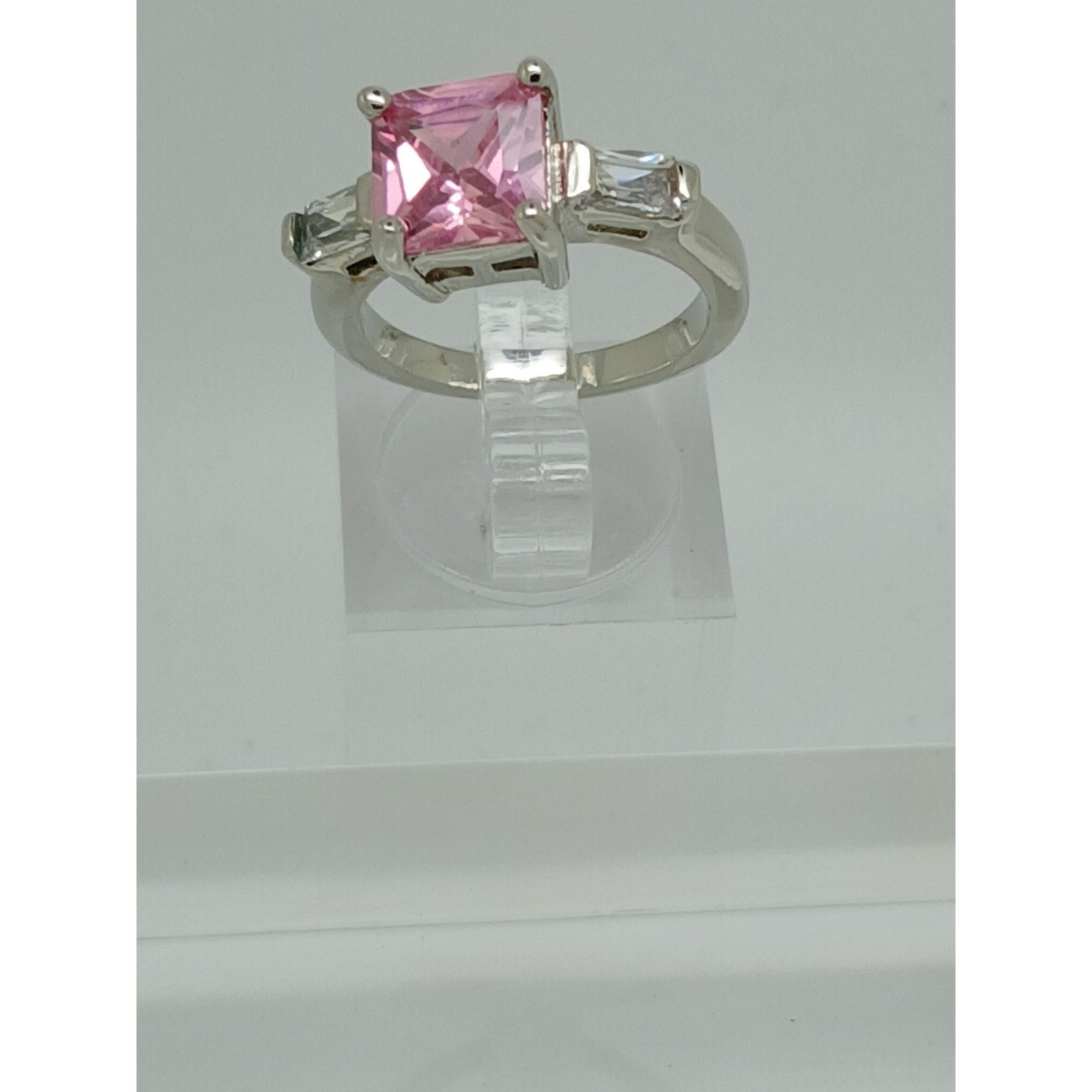 Vintage 3-Stone Gold GP Pink Princess Cut Sim Diamond CZ Engagement Ring Size 7 - HoneyThomas.com