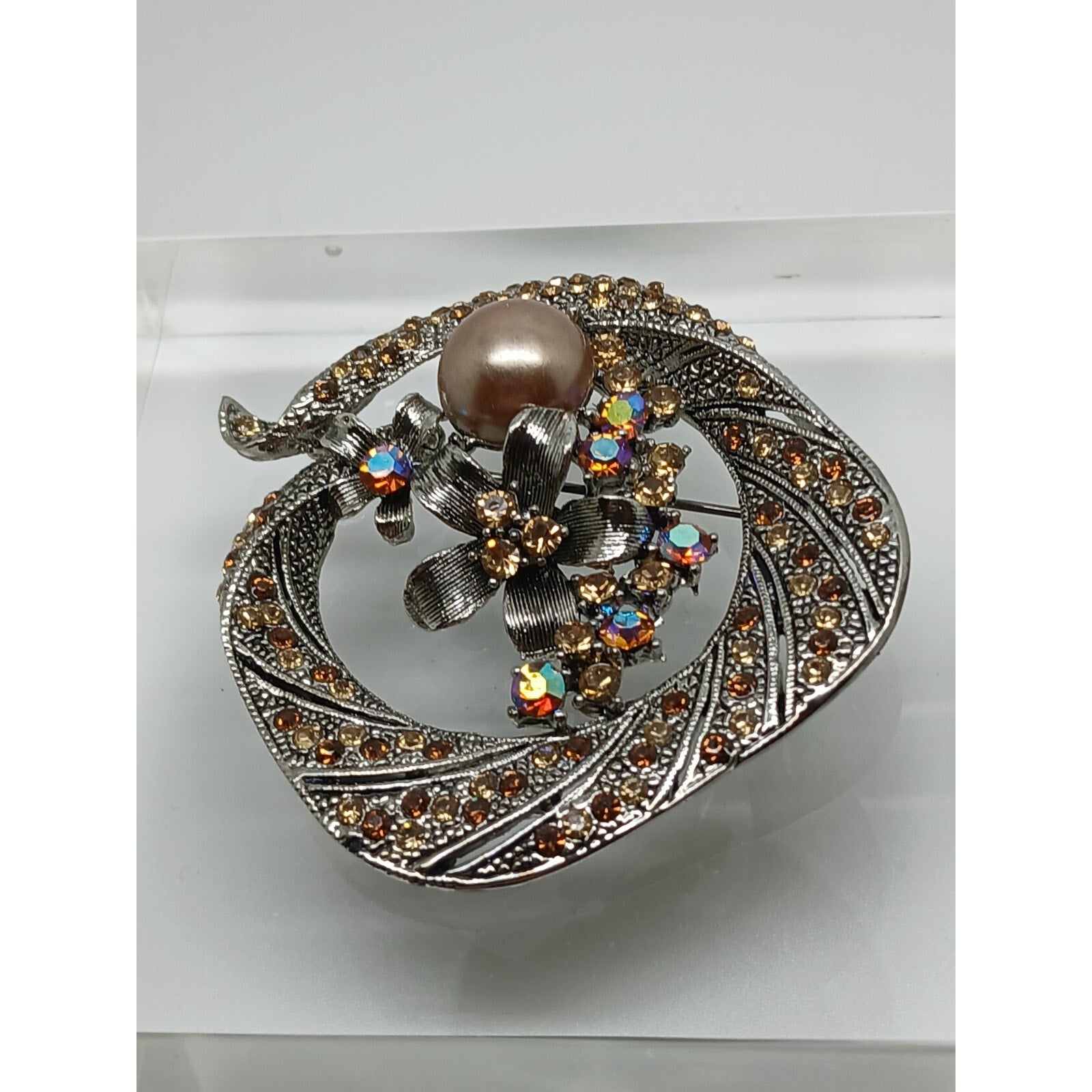 Gorgeous Vintage Estate NOS Faux Pearl Rhinestone Crystal AB Brooch - HoneyThomas.com