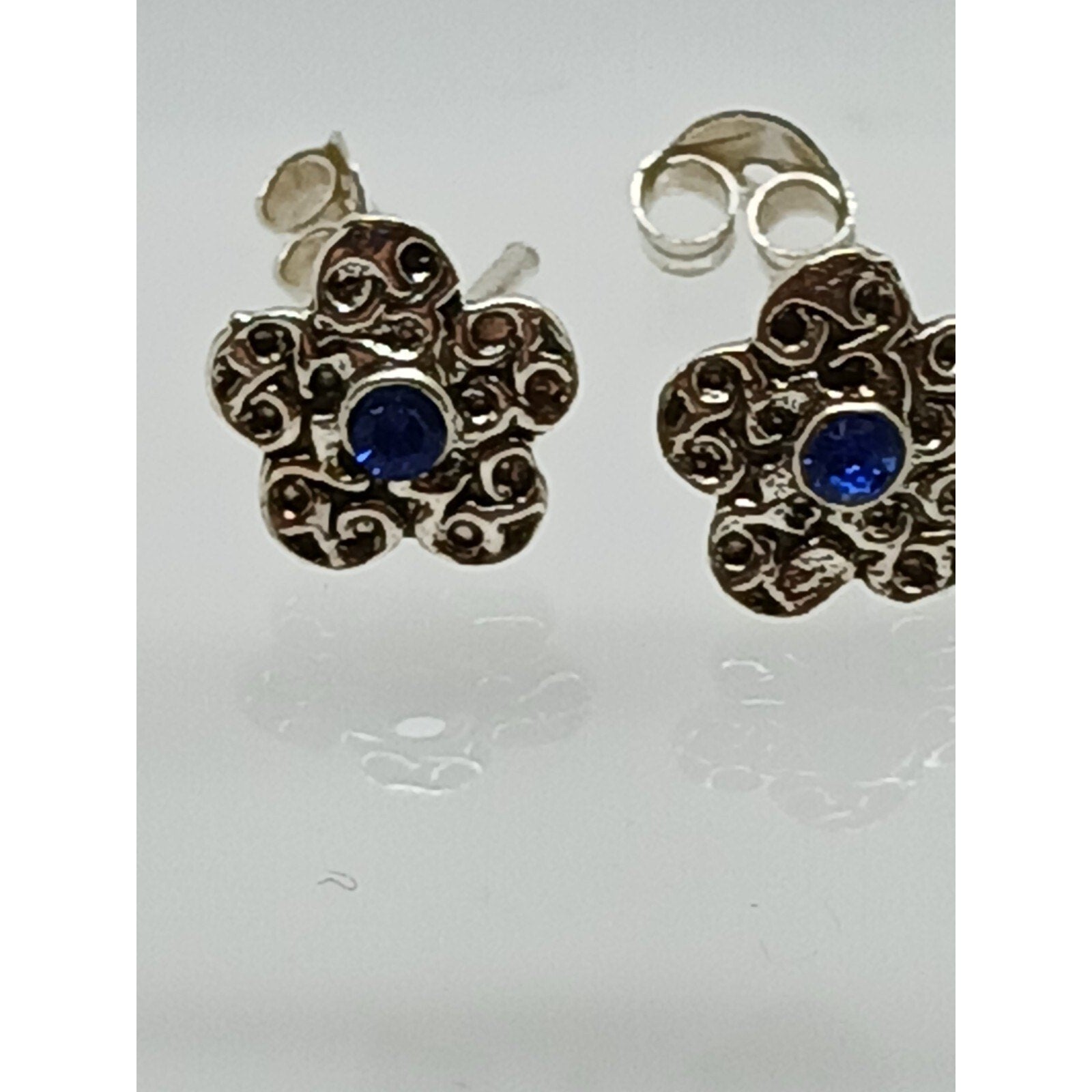 Vintage Estate Jewelry NOS .925 Sterling Silver Blue Crystal Flower Earrings - HoneyThomas.com