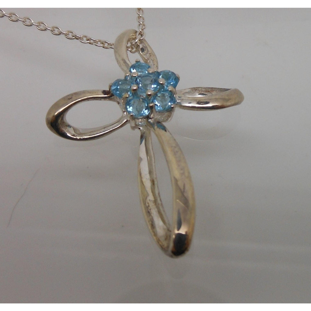 Vintage Sterling Silver Blue Topaz Flower Slide Cross Pendant Necklace Chain - HoneyThomas.com