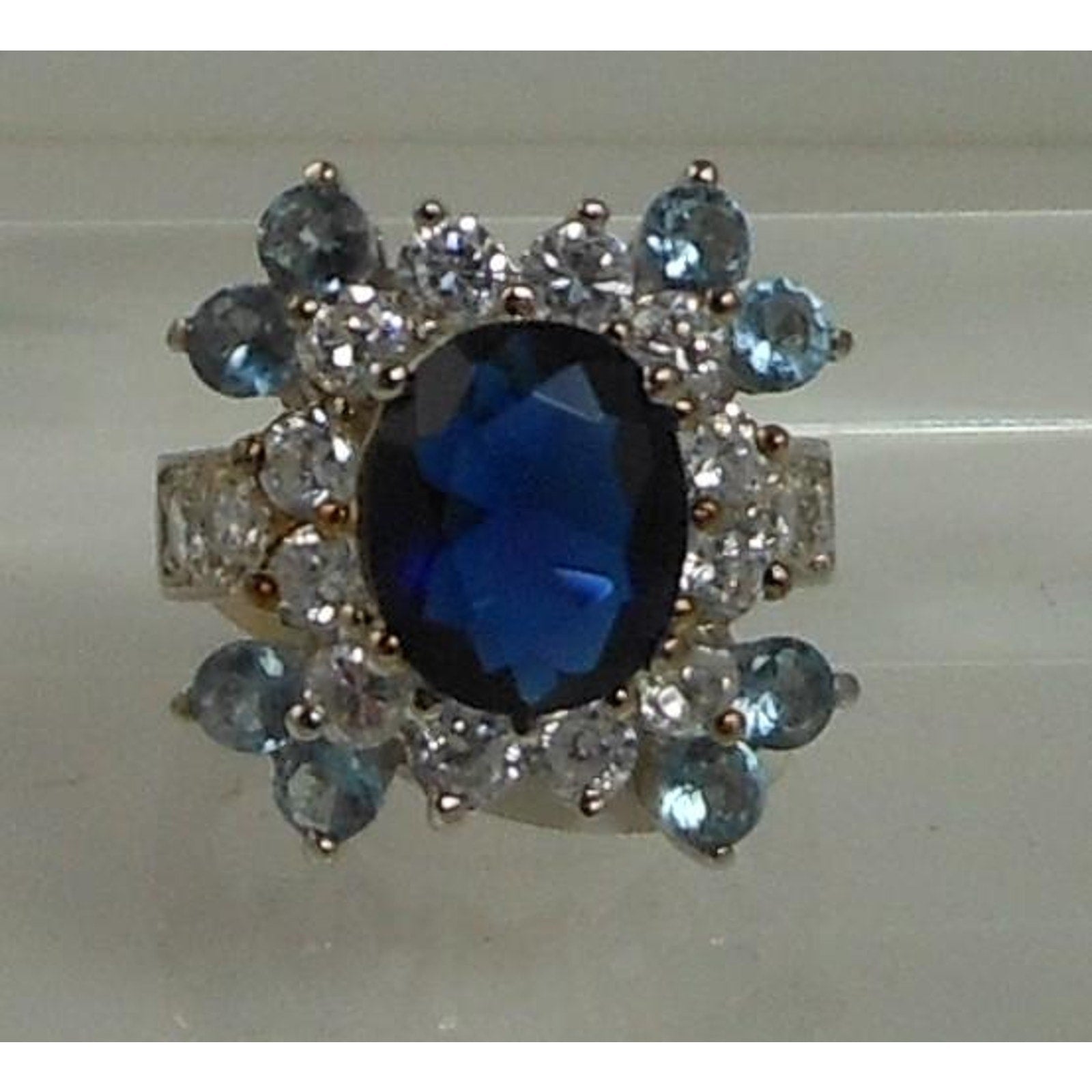 Sterling Silver Cocktail Ring Simulated Diamond Sapphire Topaz CZ Vintage Size 6 - HoneyThomas.com