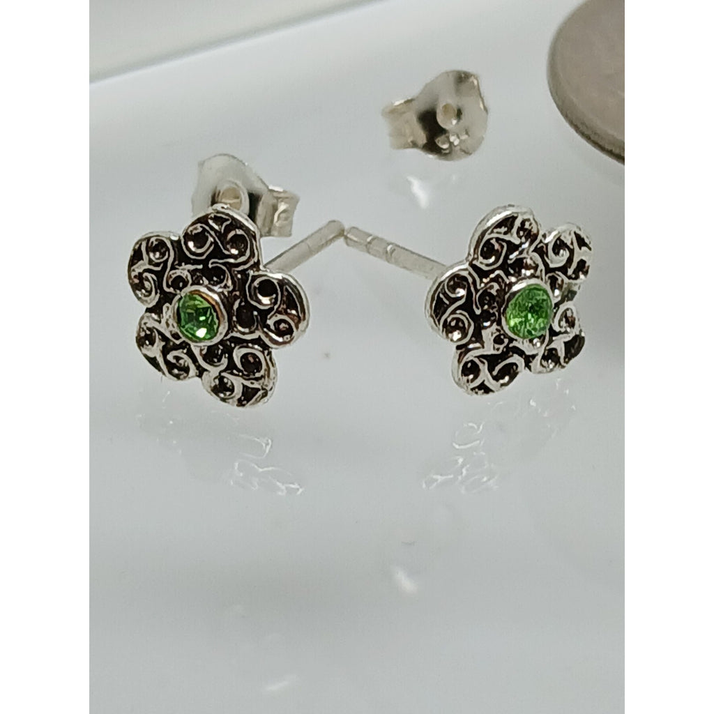 Vintage Estate Jewelry NOS .925 Sterling Silver Green Crystal Flower Earrings - HoneyThomas.com