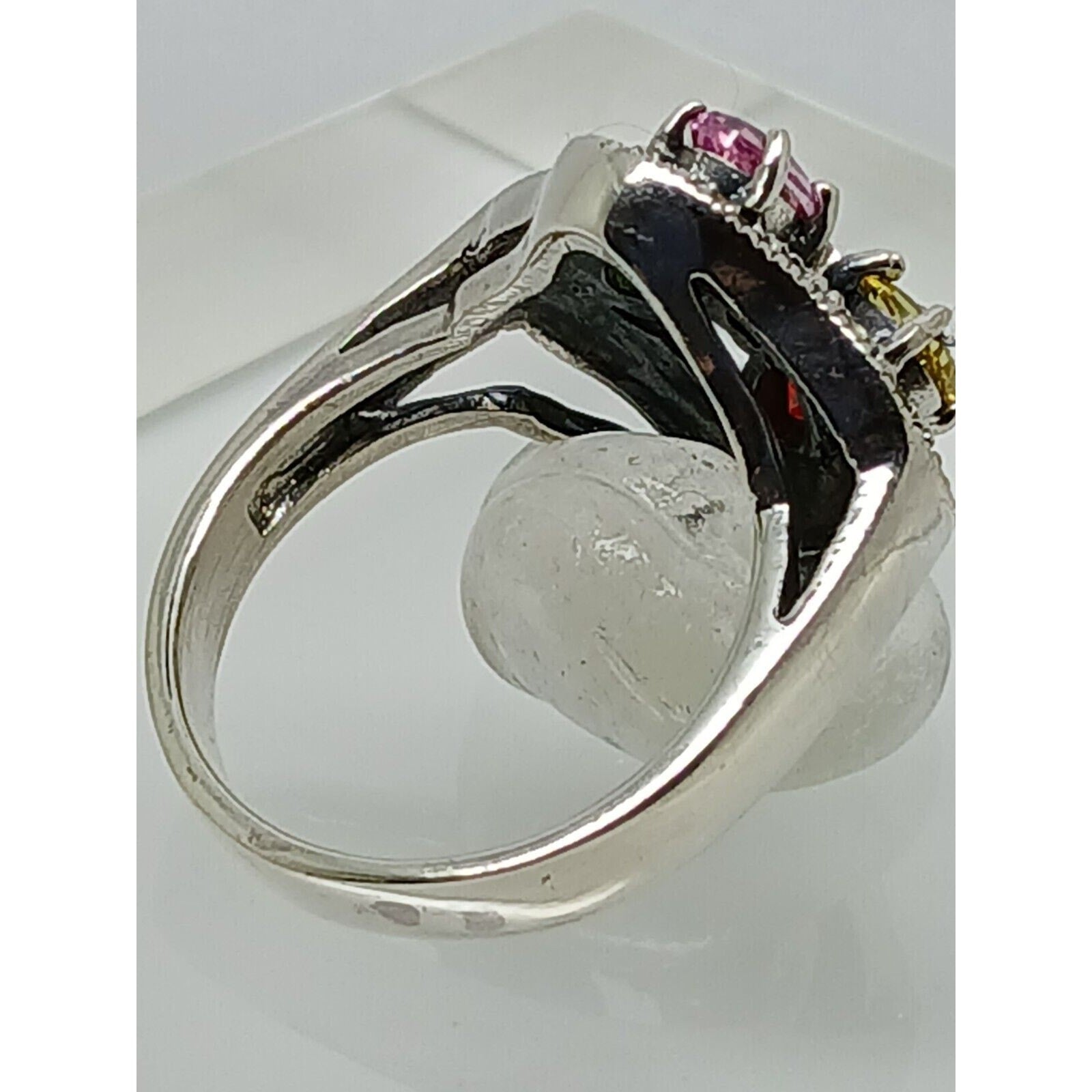 Vintage 1990's Marcasite Sterling Silver Ring: Rainbow Gemstone Floral Size 8.75 - HoneyThomas.com