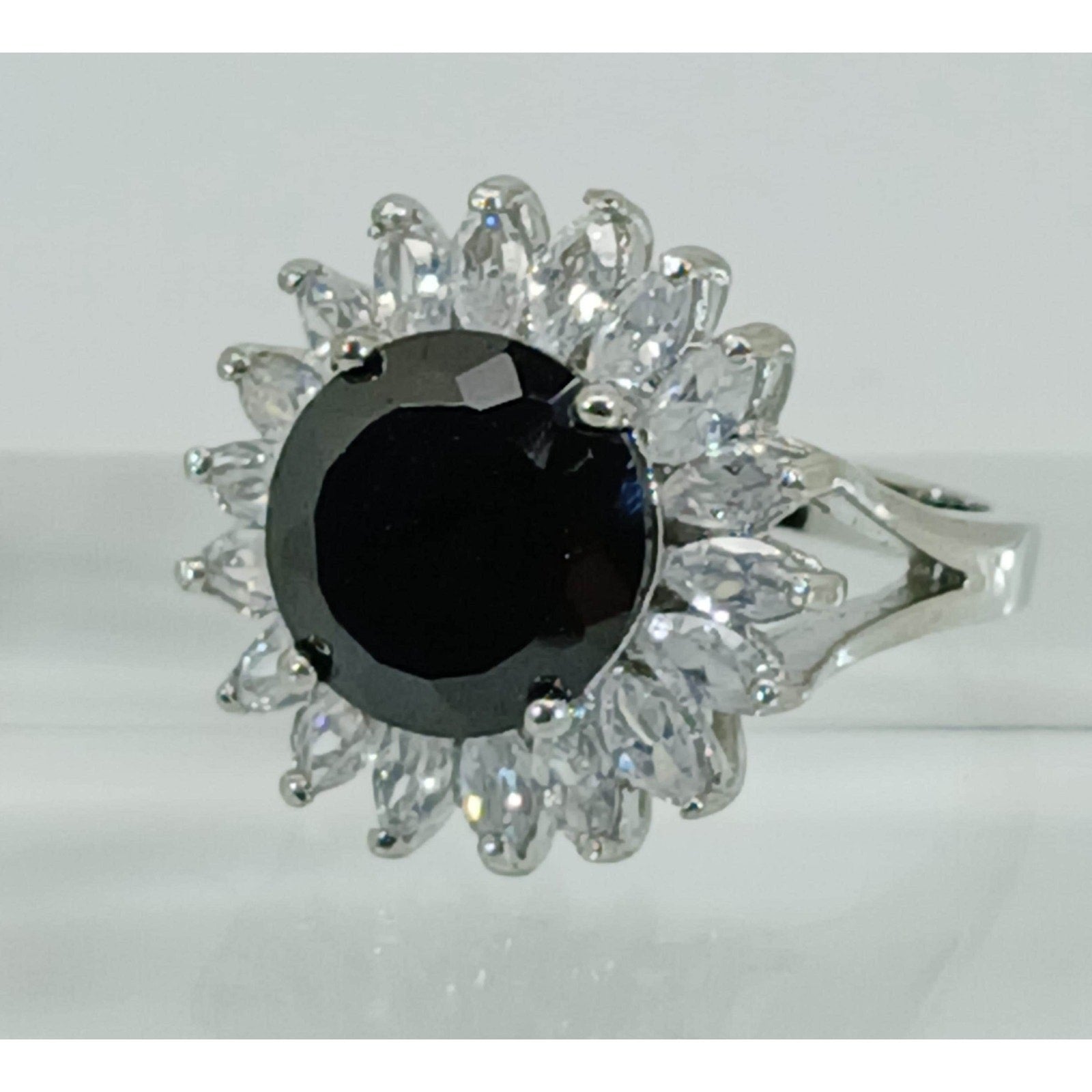 Vintage Ring Size 6.25 Silver Tone White Gold GP Black CZ Cluster Cocktail NOS - HoneyThomas.com
