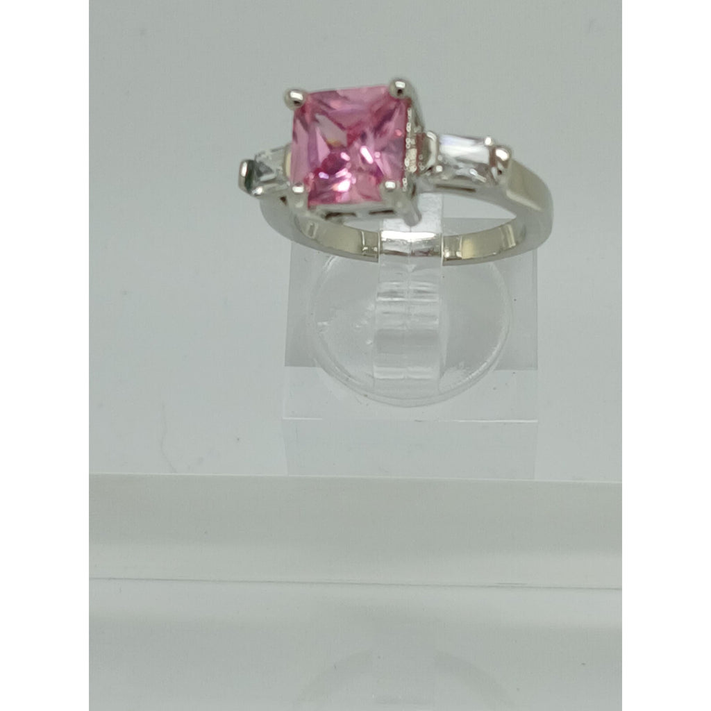 3.5CT Vintage White Gold Plated Pink Princess Cut CZ Engagement Ring Size 6 - Radiant Cut Side Stones, New-Old-Stock