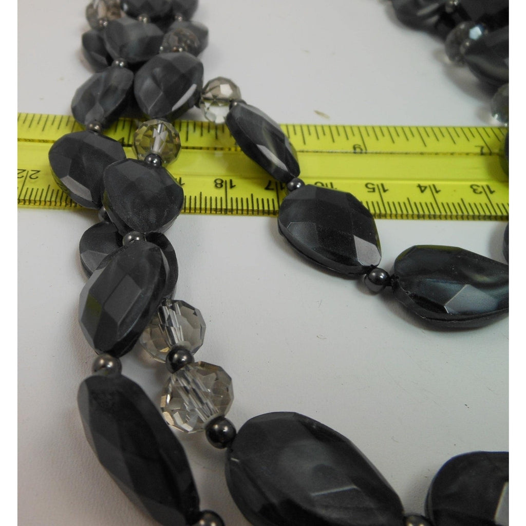Vintage Three Strand Crystal Pendant Black Grey Necklace - Designer Signed - HoneyThomas.com