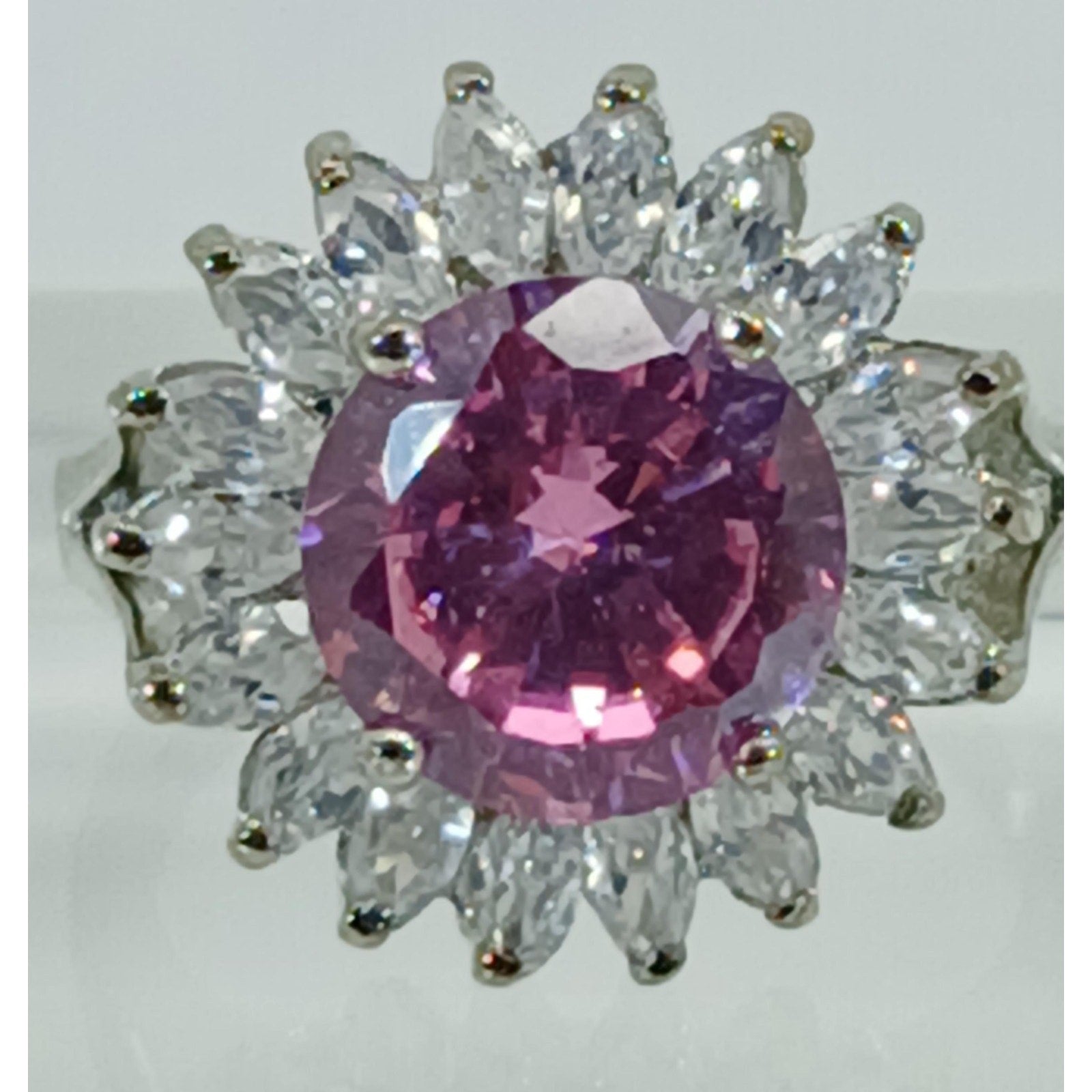 Vintage Ring Size 7.5 Silver Tone White Gold GP Pink CZ Cluster Cocktail NOS - HoneyThomas.com
