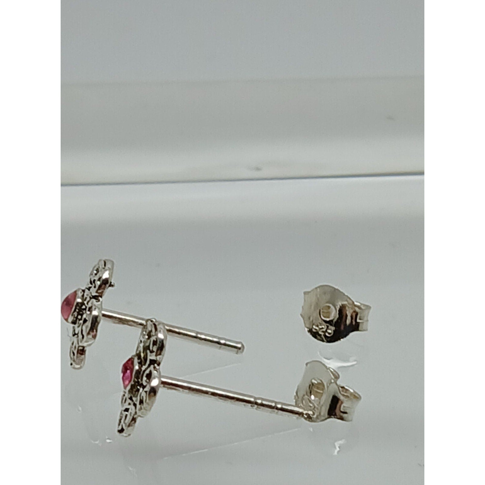 Vintage Estate Jewelry NOS .925 Sterling Silver Pink Crystal Flower Earrings - HoneyThomas.com