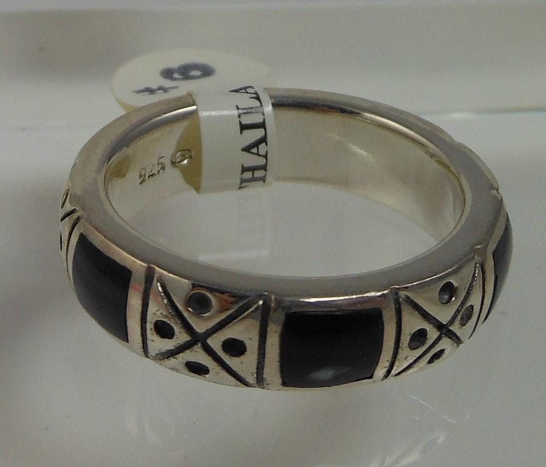 Vintage Black Sterling Silver Band Ring, Designer Signed, Size 6.25